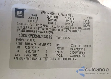 2011 Chevrolet Silverado 1500 Work Truck z USA, uszkodzony, nr VIN 1GCNKPEX6BZ348379